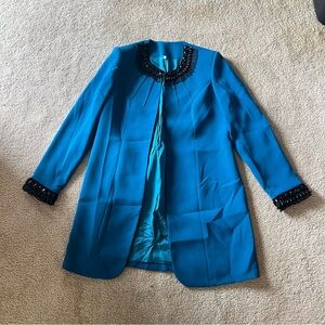 Elegant Embellished Blue Women's Jacket with Black Trim Embellishment Details